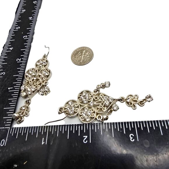 Pierced Earrings Wedding Dangle Heart Links Clear Rhinestones Silver Tone - Picture 3 of 5